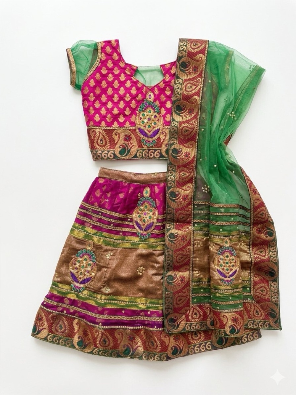 Toddler Girl Indian Lehenga Choli Green Pink Gold Traditional Festive Dress